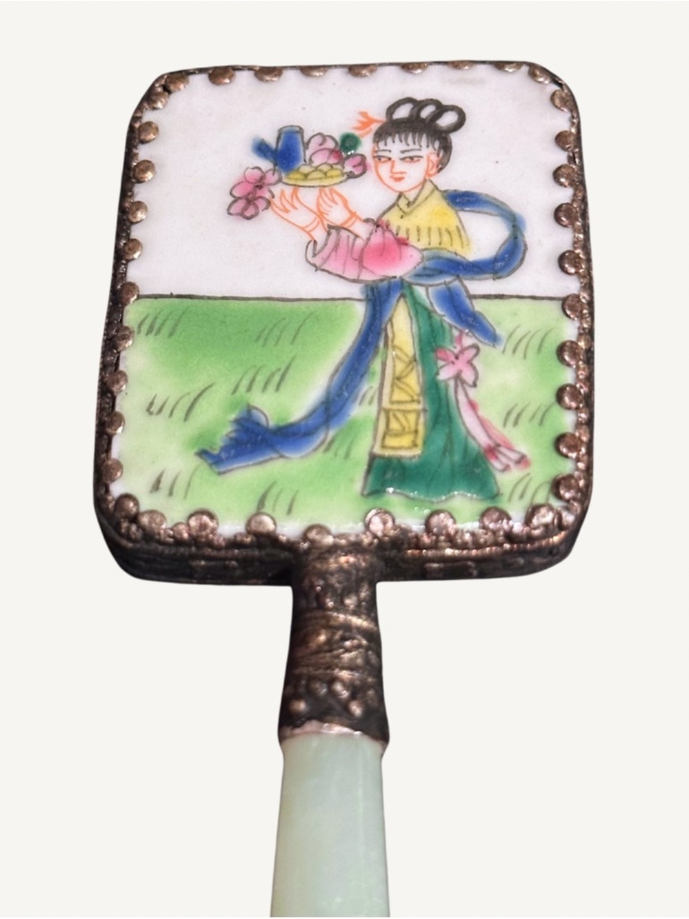 Authentic Jade & Hand Painted Porcelain Hand Mirror w/ Ornate Silver Metalwork - Picture 4 of 6